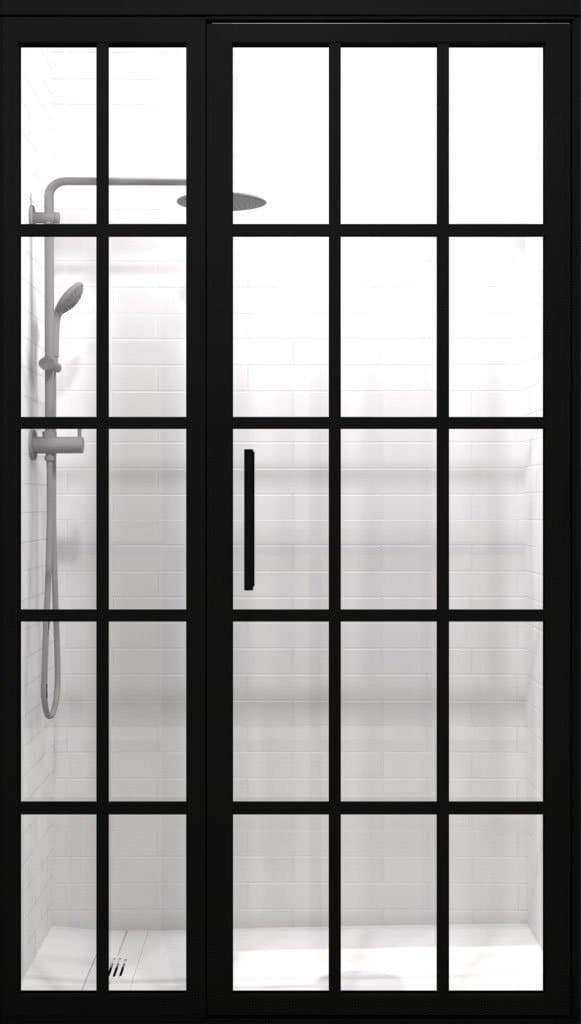 Black Gridscape Factory Window Style Grid Hinged Shower Door with Clear Glass