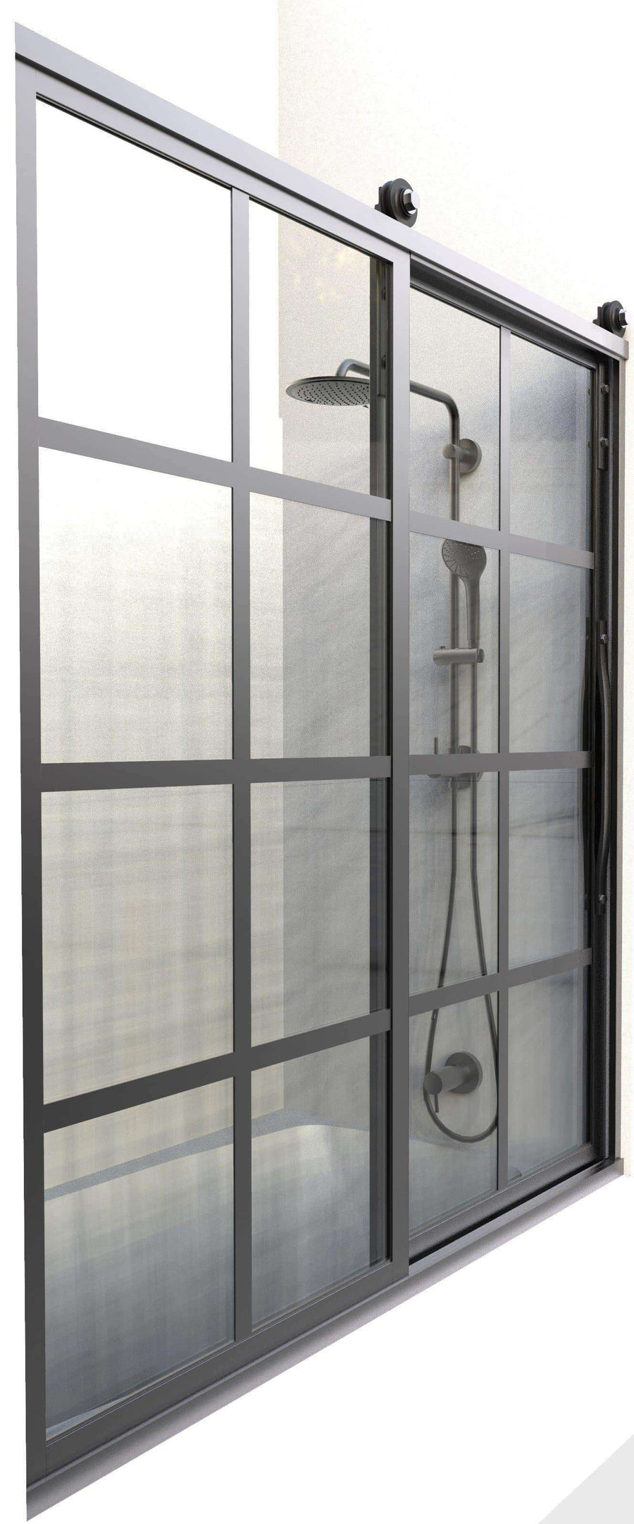 Gridscape Eclipse Barn Door Style Factory Window Shower Door with Black Metal Grid Pattern