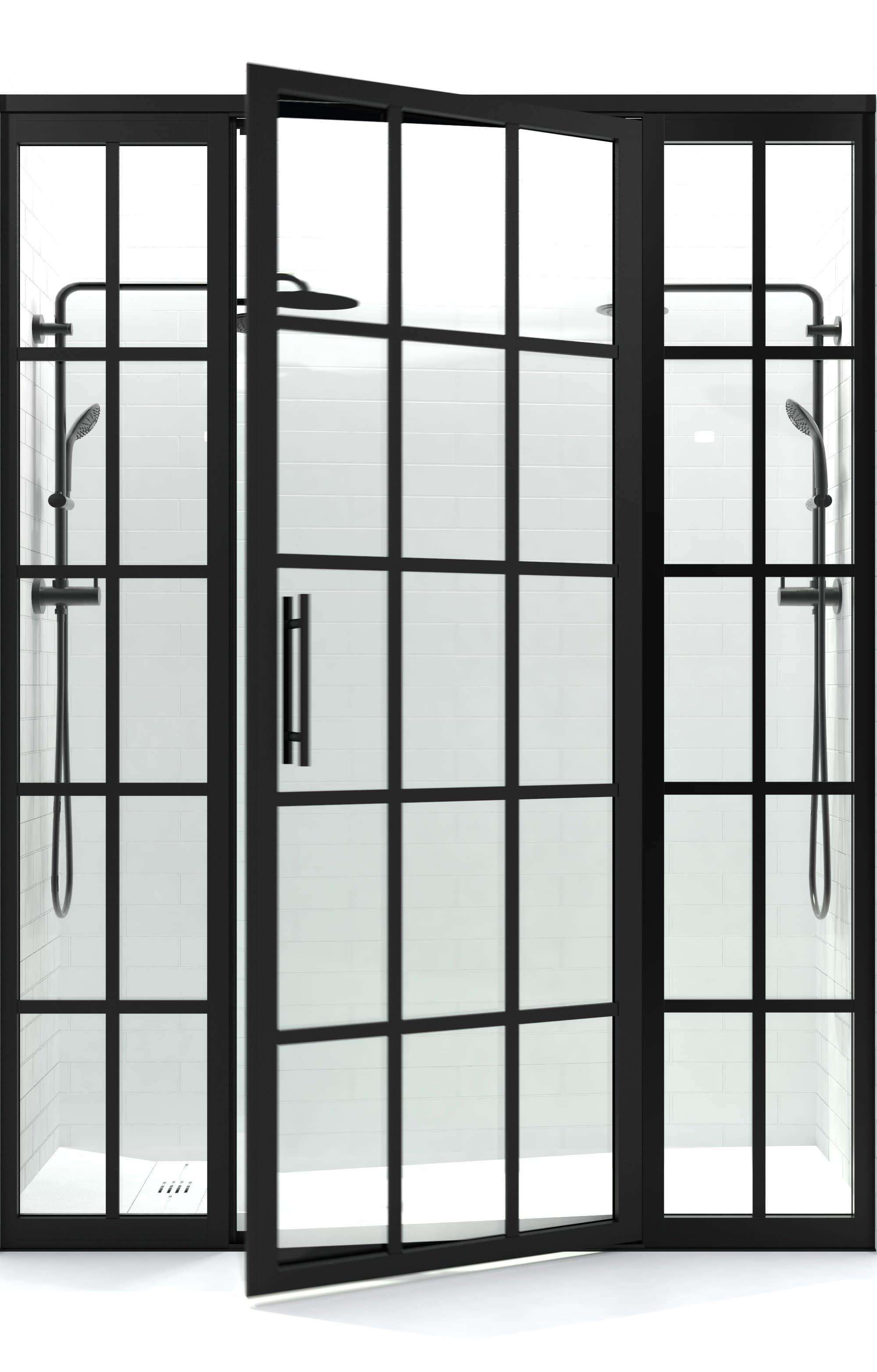 Gridscape Hinged Black Shower Door with 2 Side Panels – divided STYLE