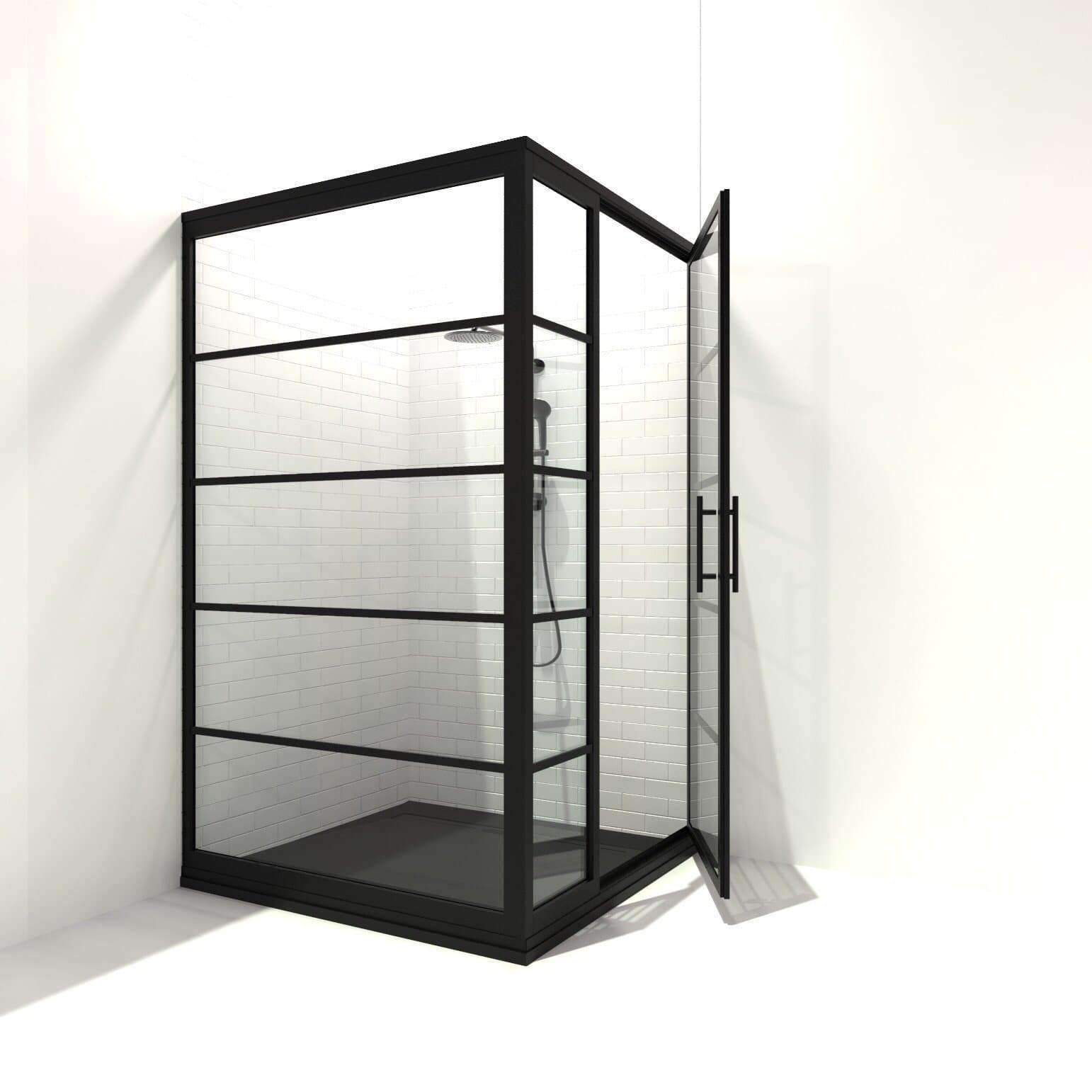 Gridscape GS2 3-Panel Corner Shower Door in Black with Clear Glass