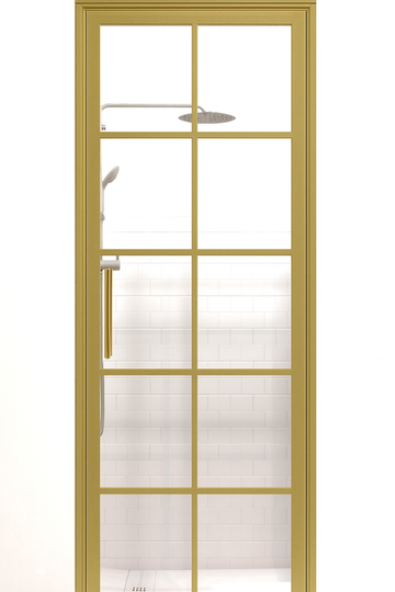 Glass shower enclosure with gold frame