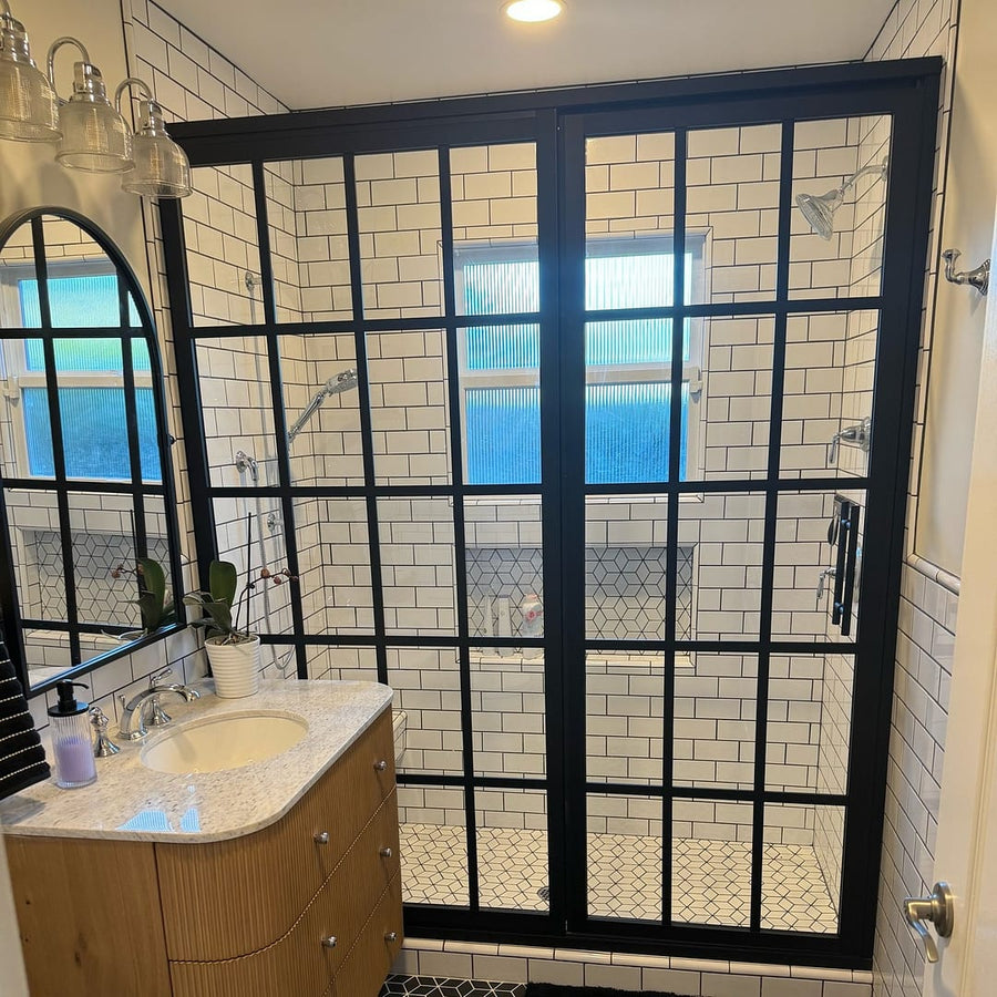 Gridscape GS1 Swing Shower Door and Extended Panel in Black with Clear Glass