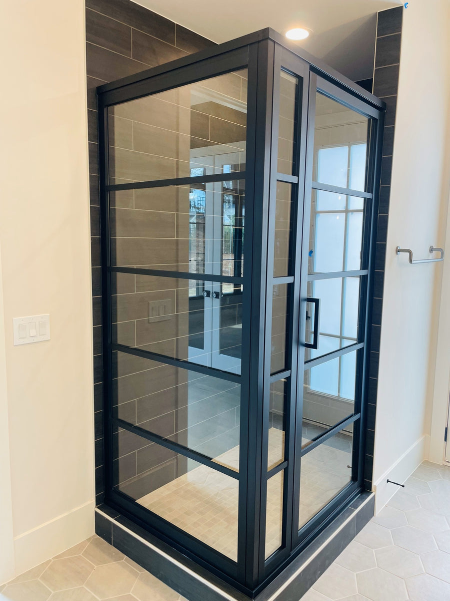 Gridscape GS2 3-Panel Corner Shower Door in Black with Clear Glass