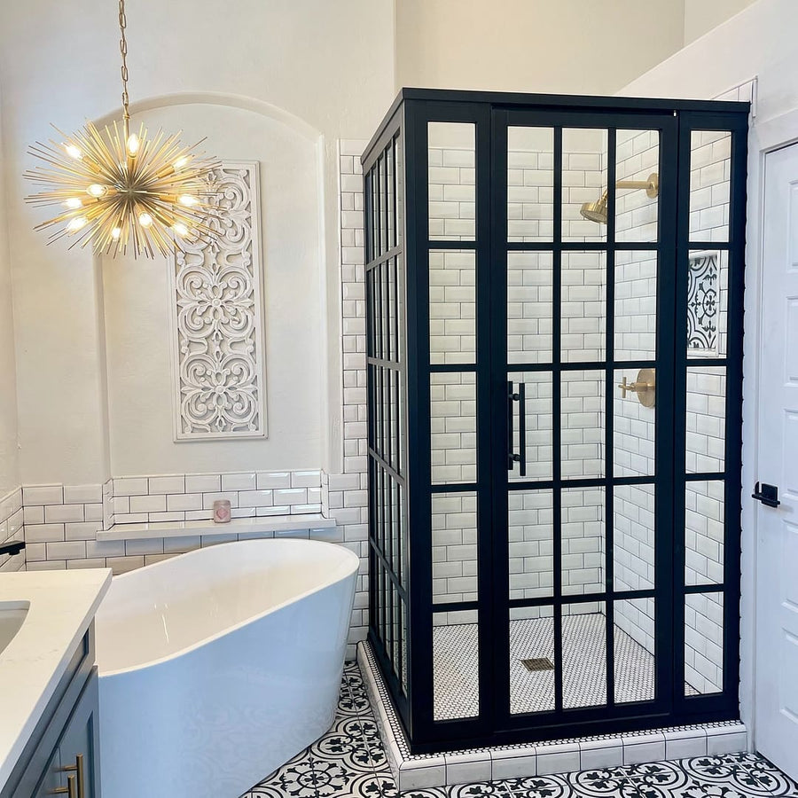 Gridscape GS1 4-Panel Corner Shower Door in Black with Clear Glass