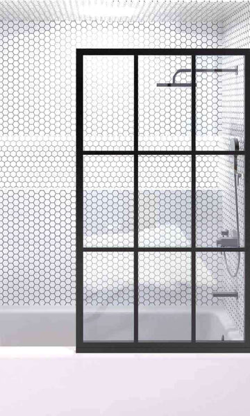 Gridscape GS1 Fixed Tub Panel Shower Screen For Bathtub in Black With Clear Glass