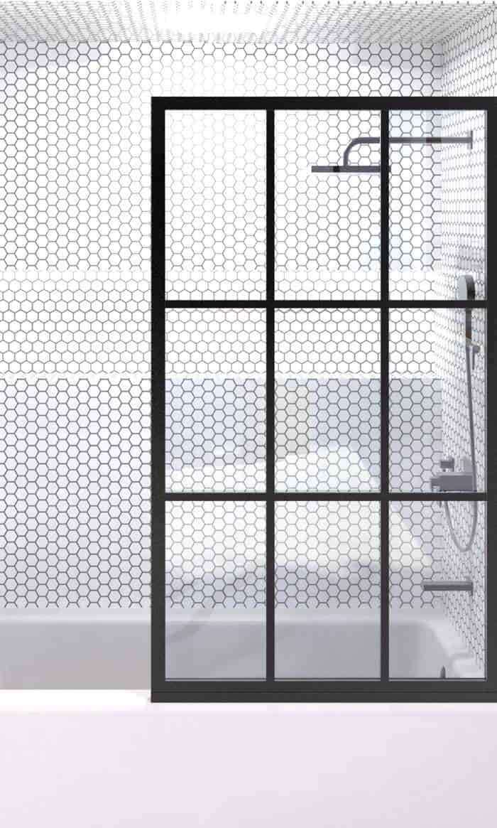 Gridscape GS1 Fixed Tub Panel Shower Screen For Bathtub in Black With Clear Glass