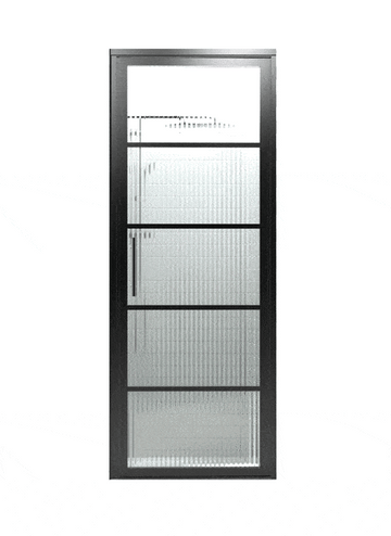 Gridscape Black Frame Hinged Shower Door with GS2 Pattern and Reeded Glass