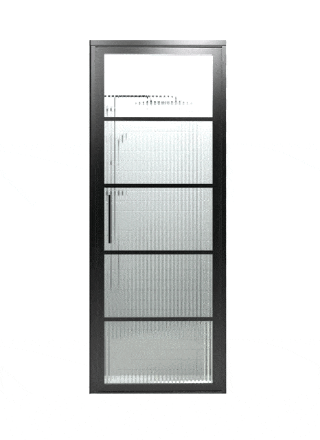 Gridscape Black Frame Hinged Shower Door with GS2 Pattern and Reeded Glass