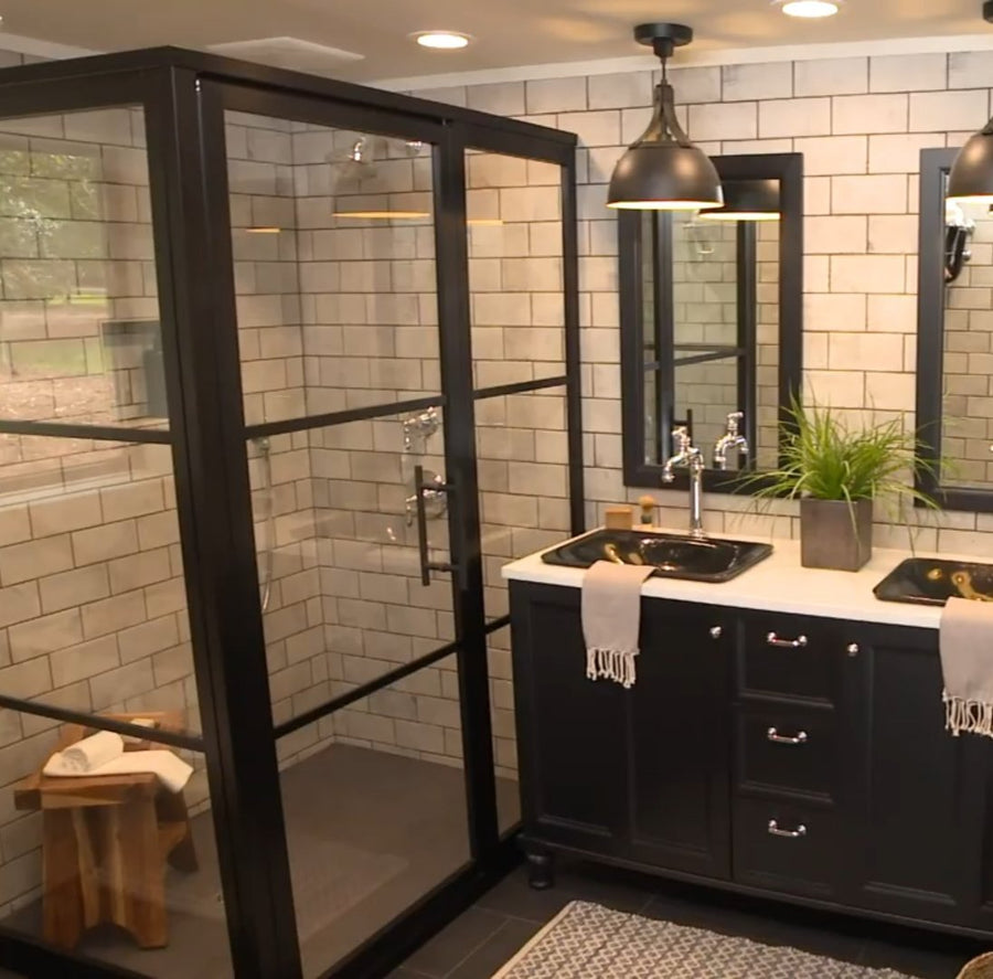 Black Fixed Panel Gridscape GS2 Shower Featured in HGTV's Misty Mill Modern Industrial Farmhouse by Chip Wade 
