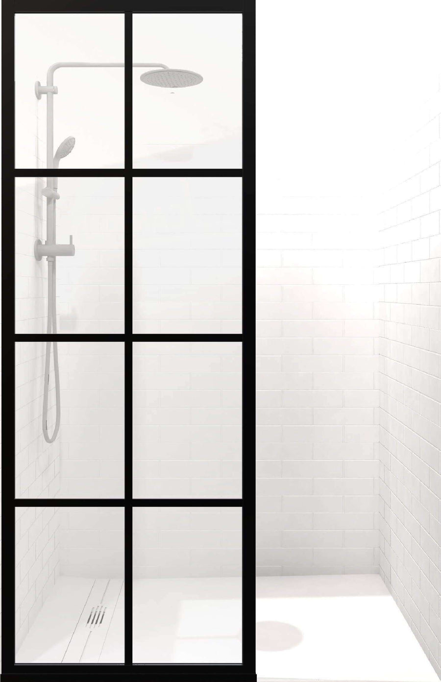 Fixed Panel Shower Door with Black Grid Frame