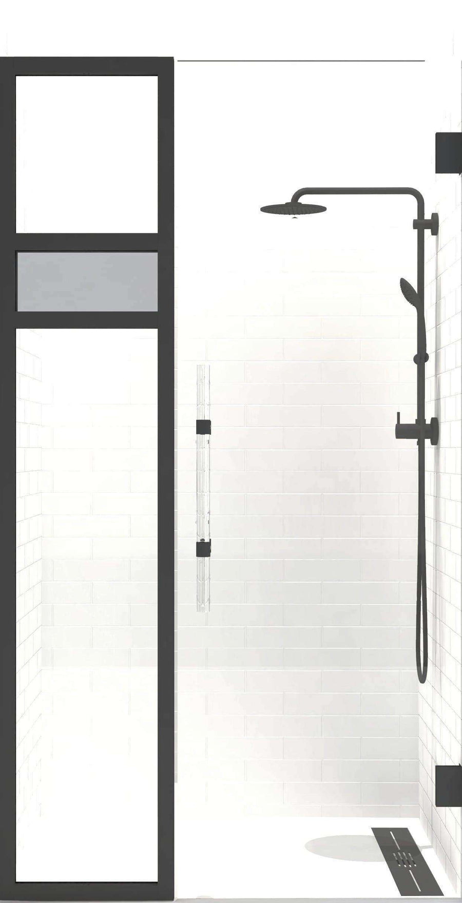 Gridscape Synthesis - Reflections Edition | 1/2 in. Frameless Hinge Shower Door and Side Panel with black hardware and black frame.