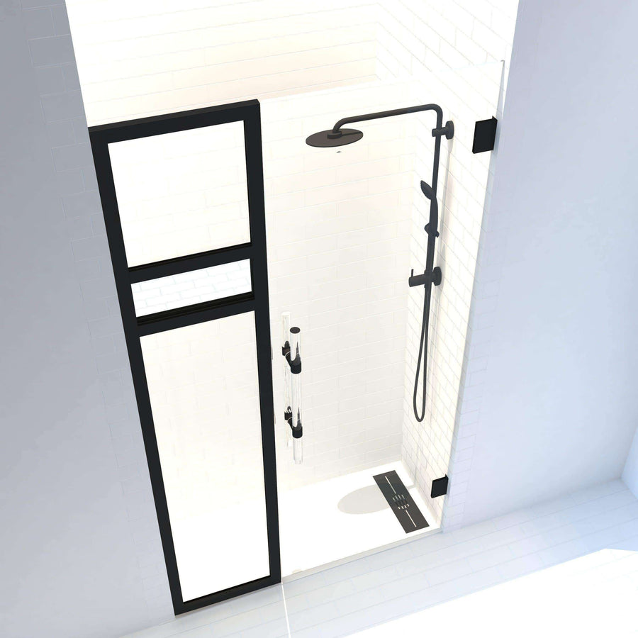 Gridscape Synthesis - Reflections Edition | 1/2 in. Frameless Hinge Shower Door and Black Framed Clear and Mirror Side Panel including mirror with black hardware and frame