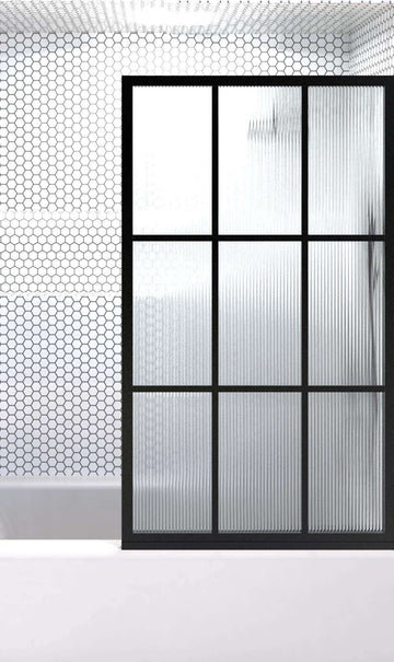Gridscape Fixed Panel Shower Screen For Tub in Matte Black Metal Finish and Trench Pattern Reeded Glass