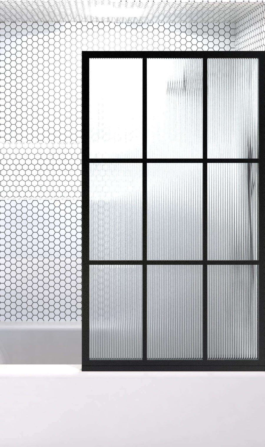Gridscape Fixed Panel Shower Screen For Tub in Matte Black Metal Finish and Trench Pattern Reeded Glass