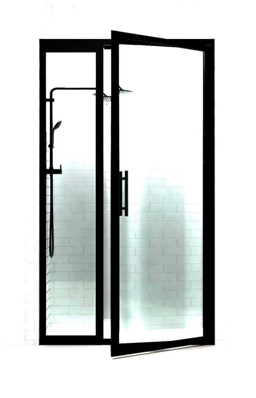 Black Frame Shower Doors | Gridscape | GS3 | Hinge Door with Inline Panel | Clear Glass | Door Open