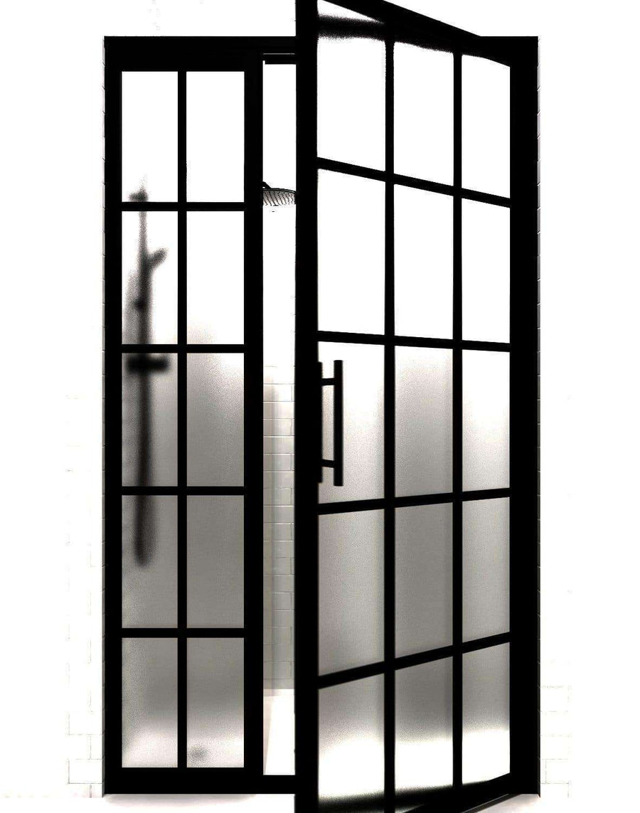 Gridscape GS1 Black Frame Factory Window Divided Light Shower Door WIth Inline Panel and SatinDeco Frosted Glass