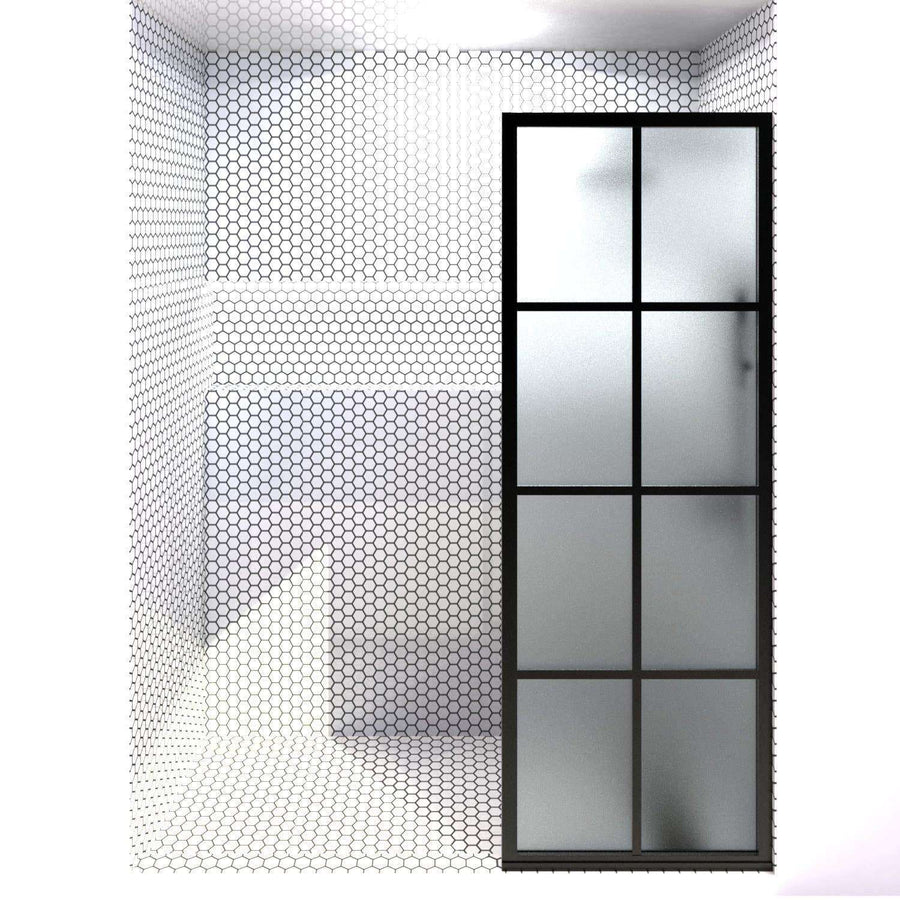GRIDSCAPE GS1 FULL DIVIDE LIGHT BLACK FRAME GRID SWING SHOWER DOOR WITH SATIN DECO FROSTED GLASS | 24 - 32 IN WIDTH
