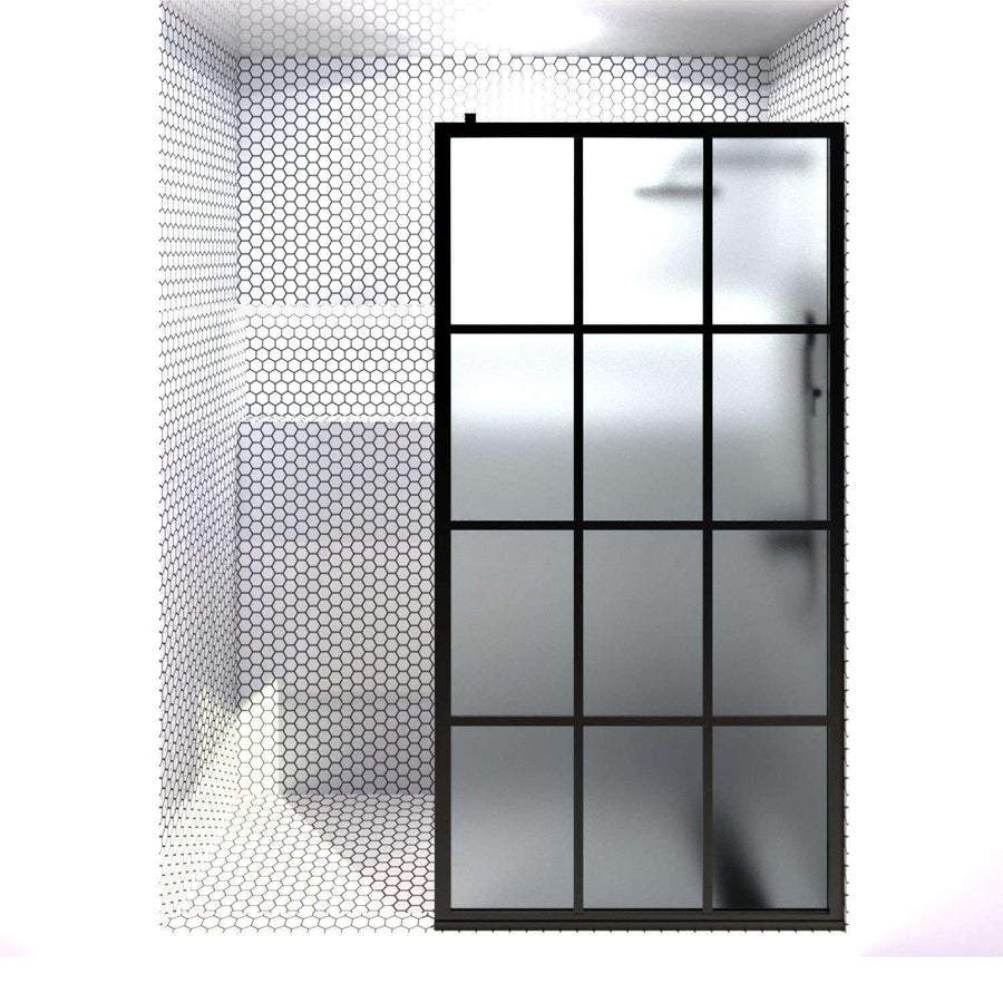 GRIDSCAPE GS1 FULL DIVIDE LIGHT BLACK FRAME GRID SWING SHOWER DOOR WITH SATIN DECO FROSTED GLASS | 36 - 40 IN WIDTH