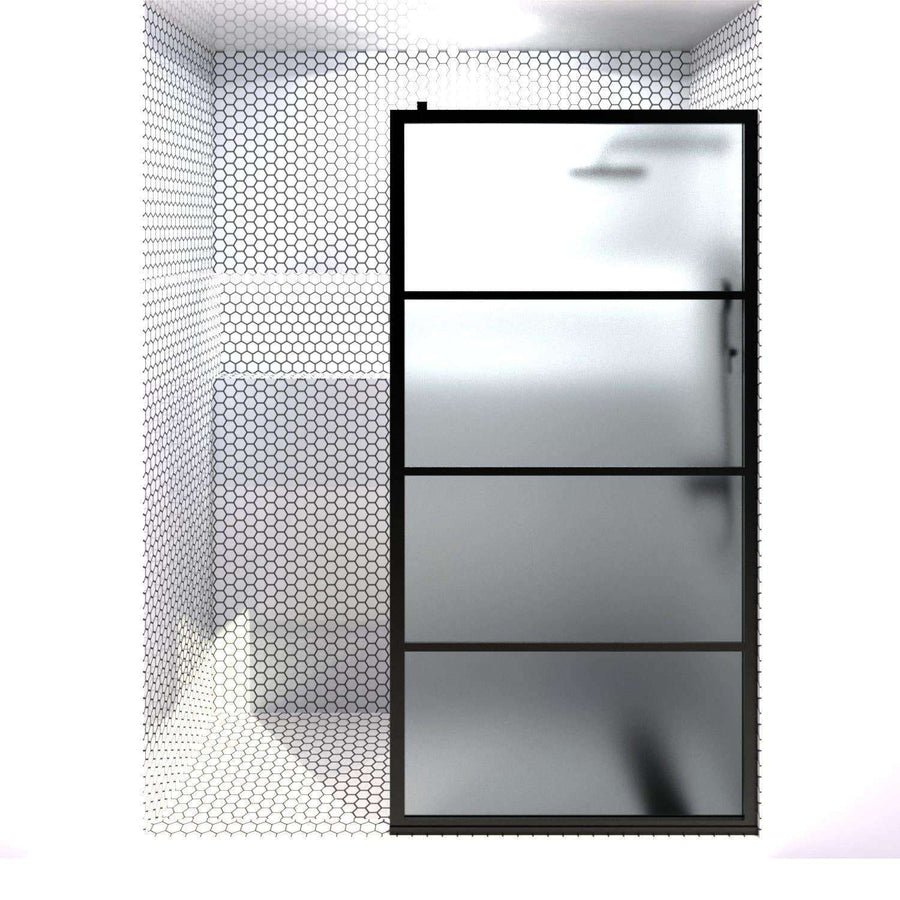 Gridscape GS2 Fixed Panel Shower Screen Black With Satin Deco Frsoted Glass | 36 in - 40 in wide