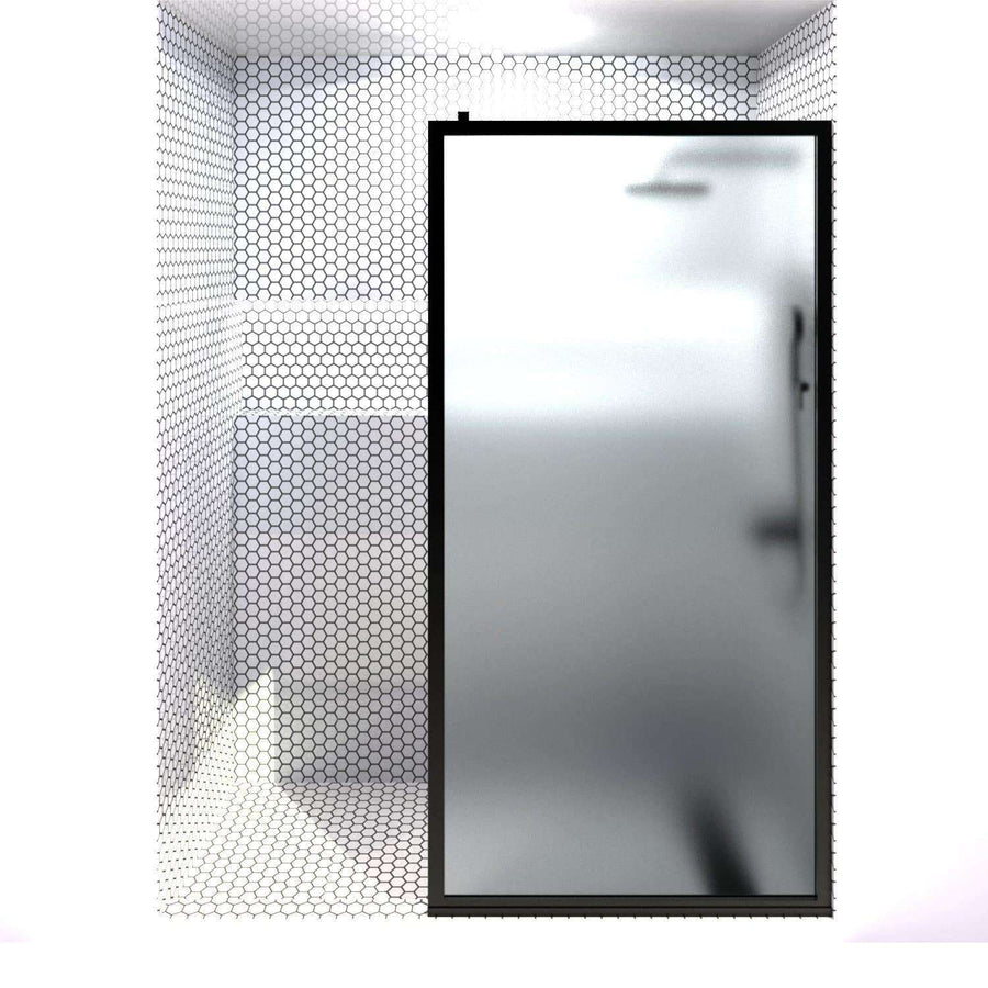 Gridscape Fixed Panel Shower Screen For Tub in Matte Black Metal Finish and Satin Deco Frosted Glass 36 - 40 in.