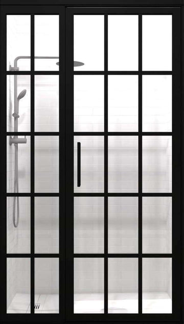 Black Gridscape Factory Window Style Grid Hinged Shower Door with Clear Glass
