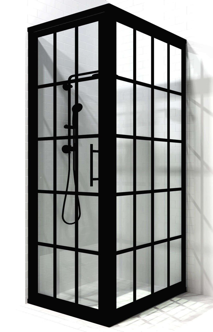Industrial Black Grid Corner Shower Door 34 x 54 in.