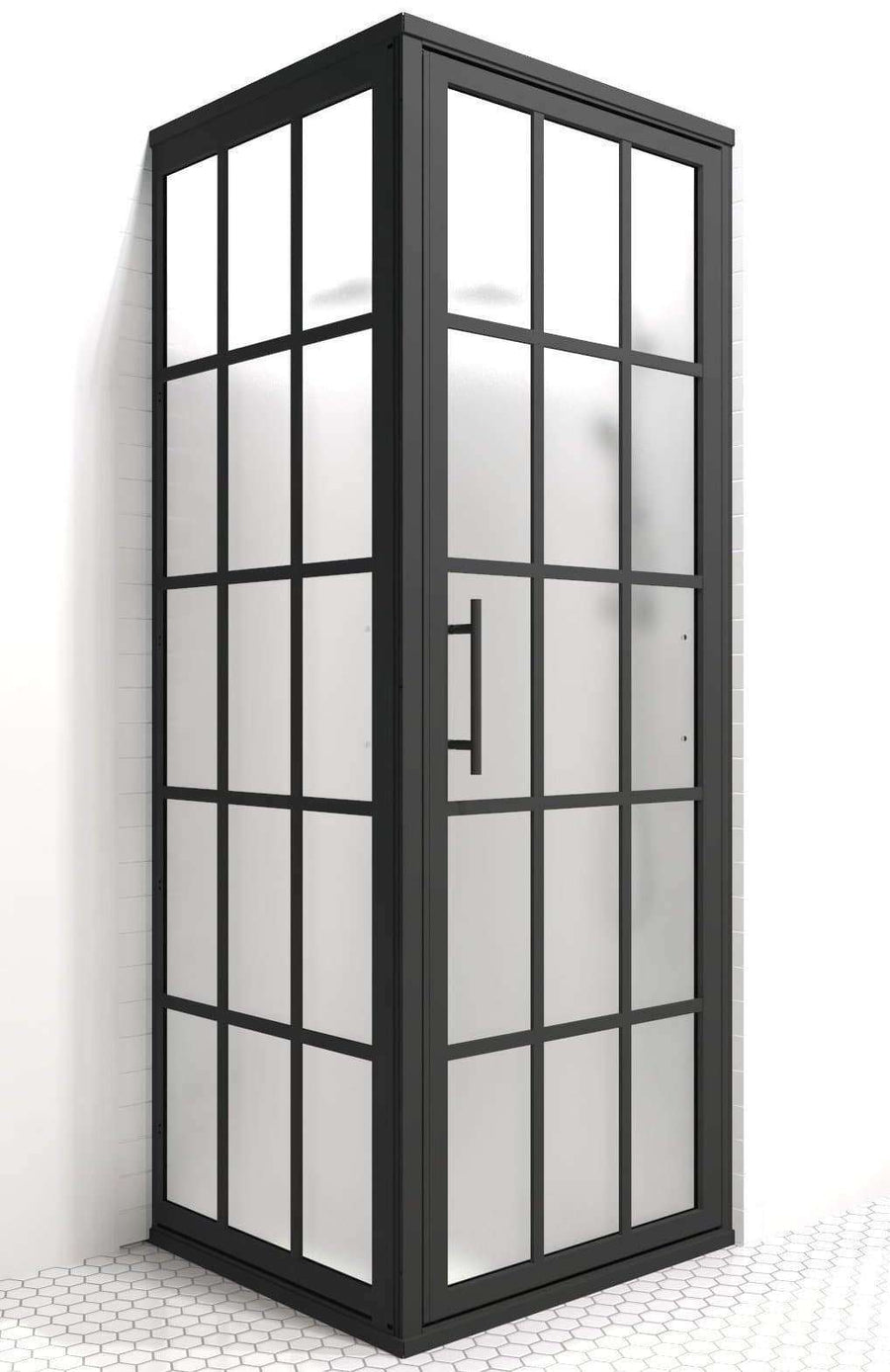 Gridscape Industral Black Grid GS1 Series 1 Corner Shower Door with SatinDeco Glass by Coastal Shower Doors