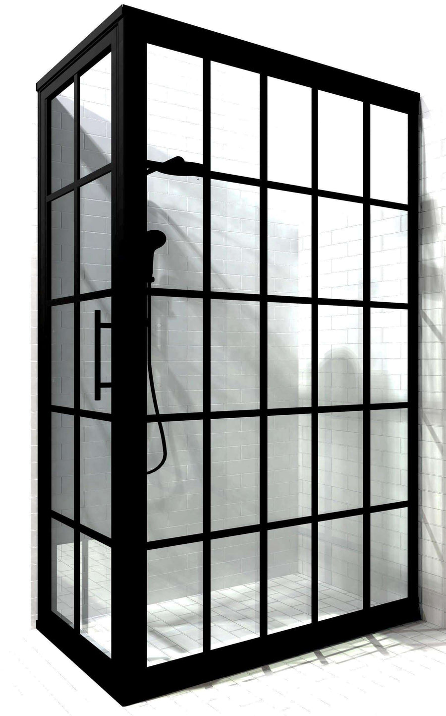 30 in x 60 in corner black grid shower door | Gridscape by Coastal Shower Doors