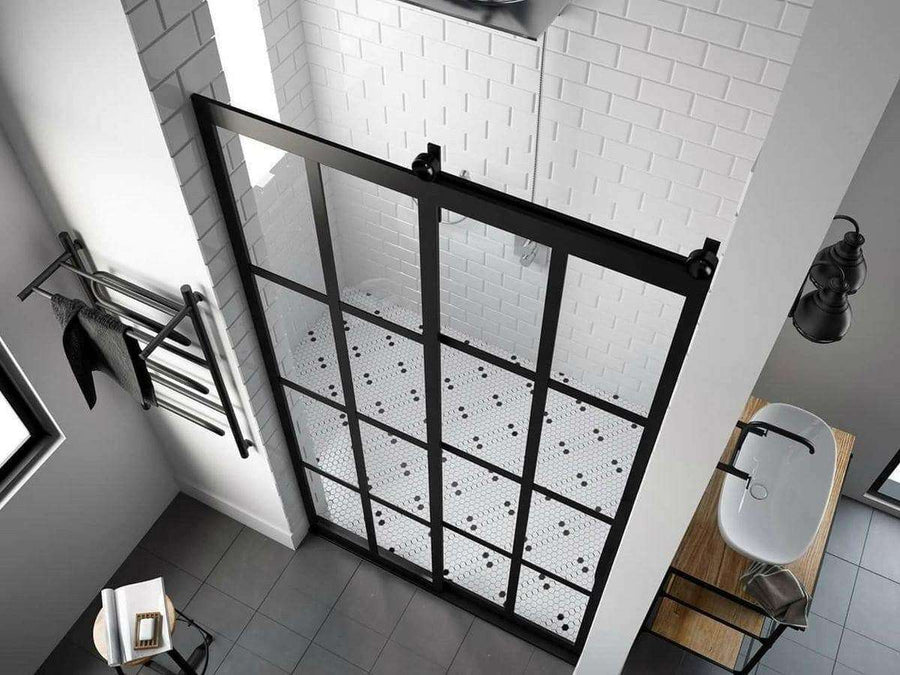 Black Window Grid Sliding Barn Door Shower By Coastal Shower Doors