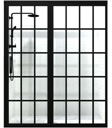 Gridscape Shower Door with Extended Inline Panel in Black with Clear Glass
