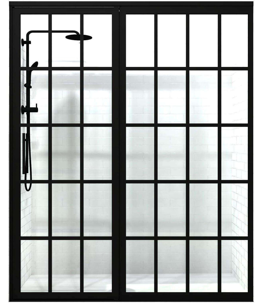 Gridscape Shower Door with Extended Inline Panel in Black with Clear Glass