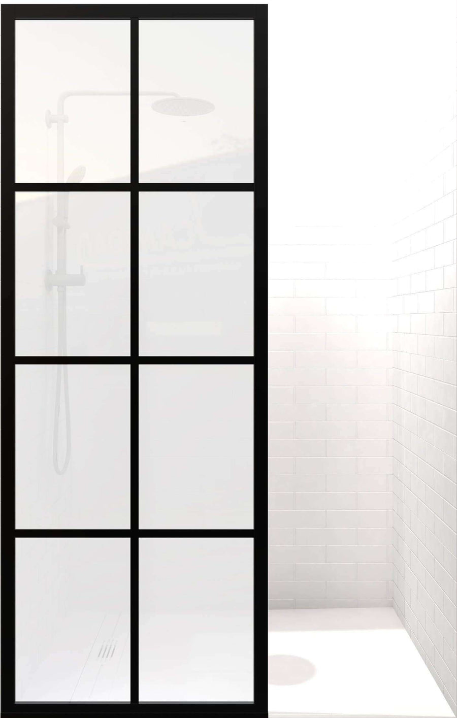 GRIDSCAPE GS1 FULL DIVIDE LIGHT BLACK FRAME GRID SWING SHOWER DOOR WITH SATIN DECO FROSTED GLASS | MAIN IMAGE
