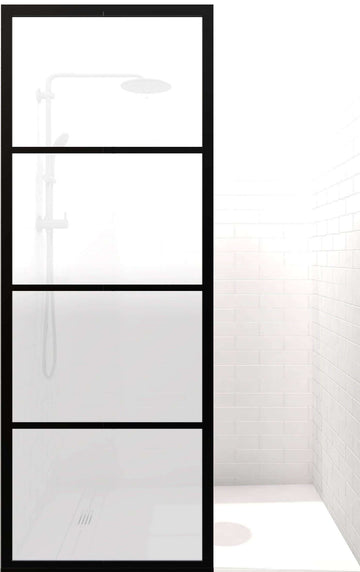 Gridscape GS2 Fixed Panel Shower Screen Black With Satin Deco Frosted Obscure Glass Main Image