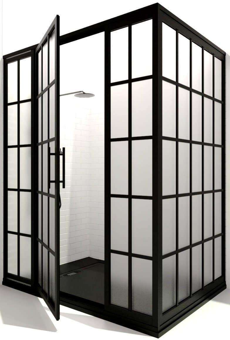 Black Shower Enclosure with Grids - Gridscape 4-Panel Corner Shower Door by Coastal Shower Doors - Series 1 - SatinDeco Glass