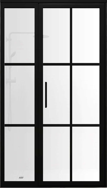 Gridscape GS1.2 Swing Shower Door and Panel in Black with SatinDeco Glass