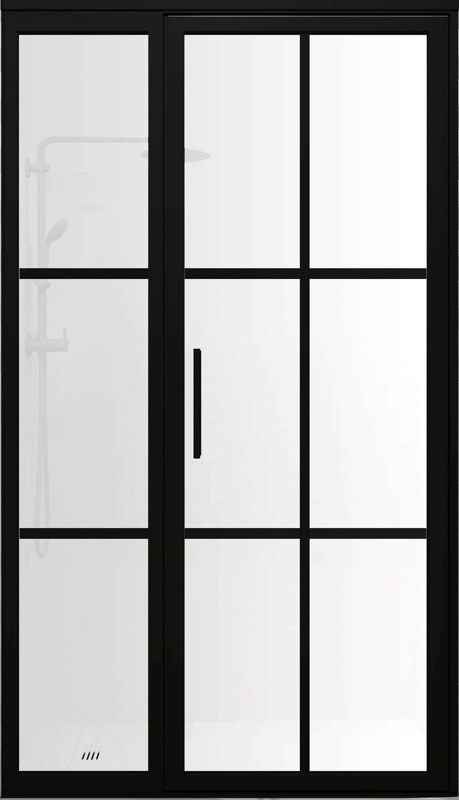 Gridscape GS1.2 Swing Shower Door and Panel in Black with SatinDeco Glass