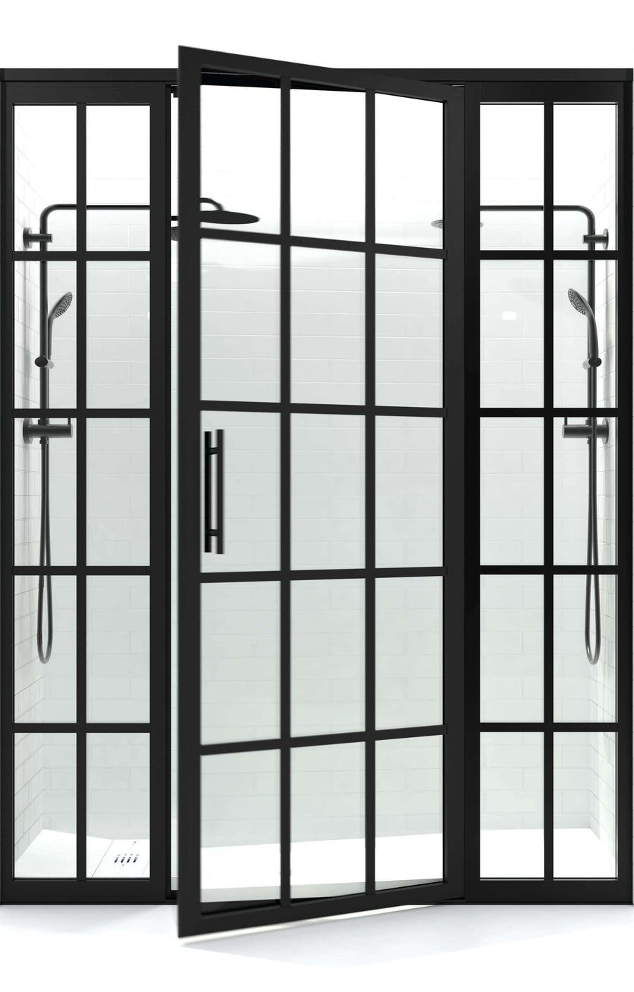 Black Framed Hinged Shower Door by Coastal with Factory Windowpane Industrial Style Mullions on outside of tempered Glass.   Shower door beteeen two side panels.