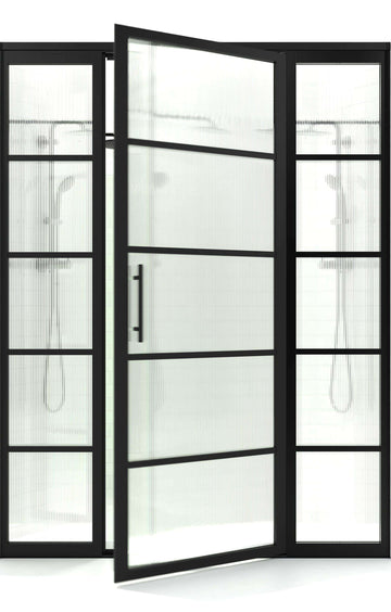 Gridscape GS2 Swing Shower Door with 2 Side Panels in Black with Trench Pattern Glass