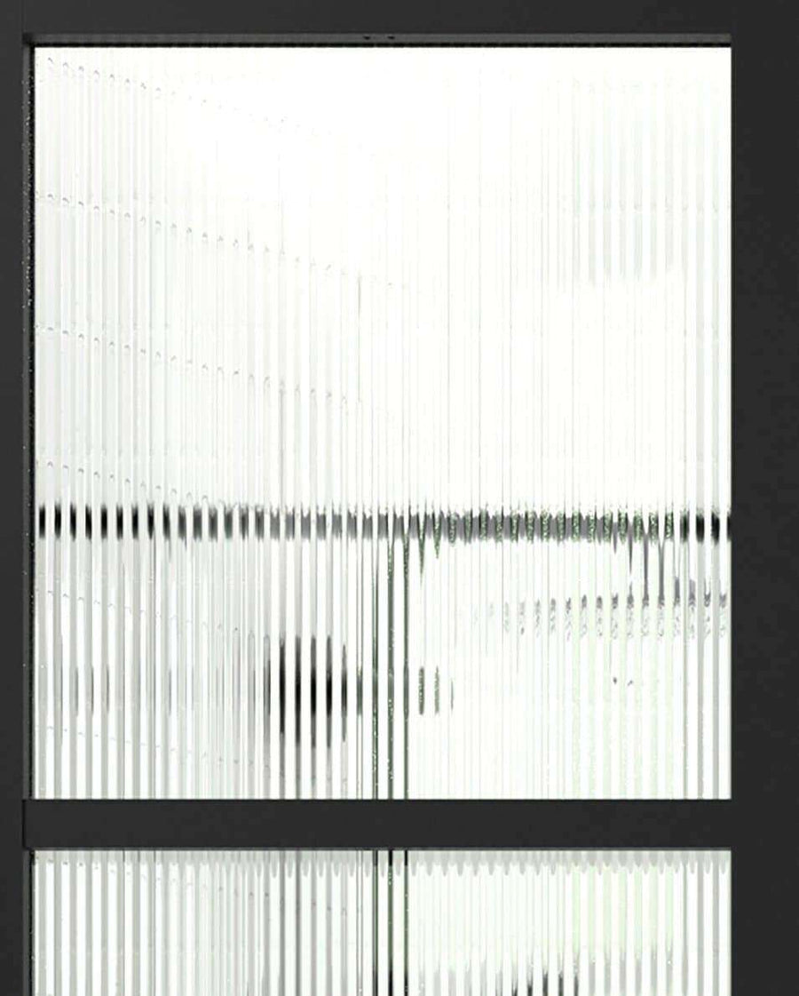 Gridscape GS2 Swing Shower Door with 2 Side Panels in Black with Trench Pattern Glass detail view