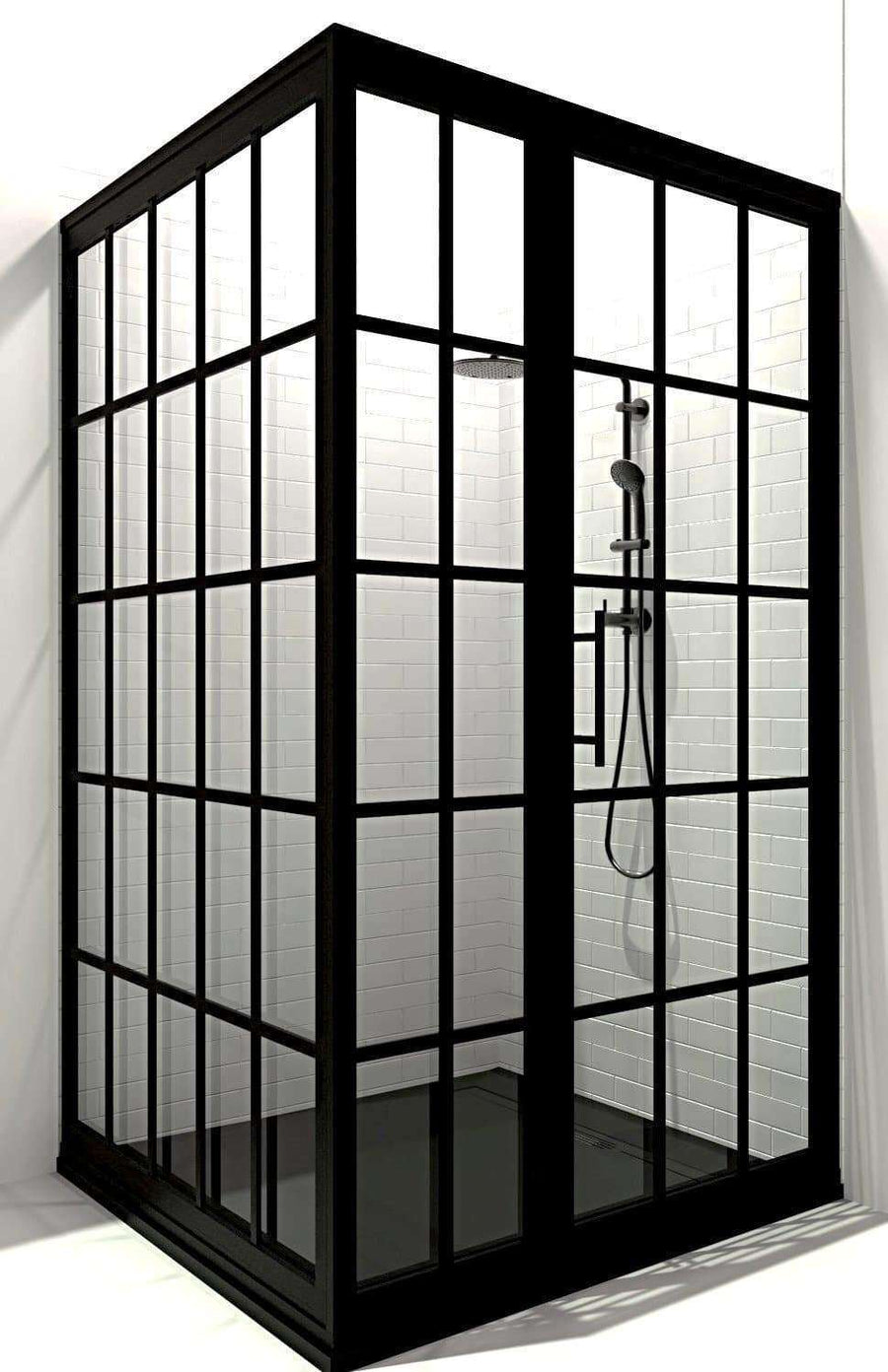 Gridscape GS1 3-Panel Corner Shower Door in Black with SatinDeco Frosted Glass