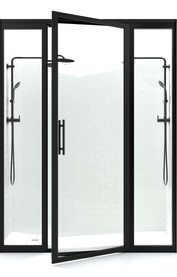 Gridscape GS3 Swing Shower Door with 2 Side Panels in Black with Clear Glass | Door Open | Coastal Shower Doors