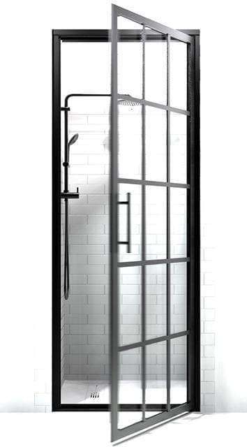 Black Frame Gridscape Series Swinging Shower Door with Factory Window Style Metal Muntins