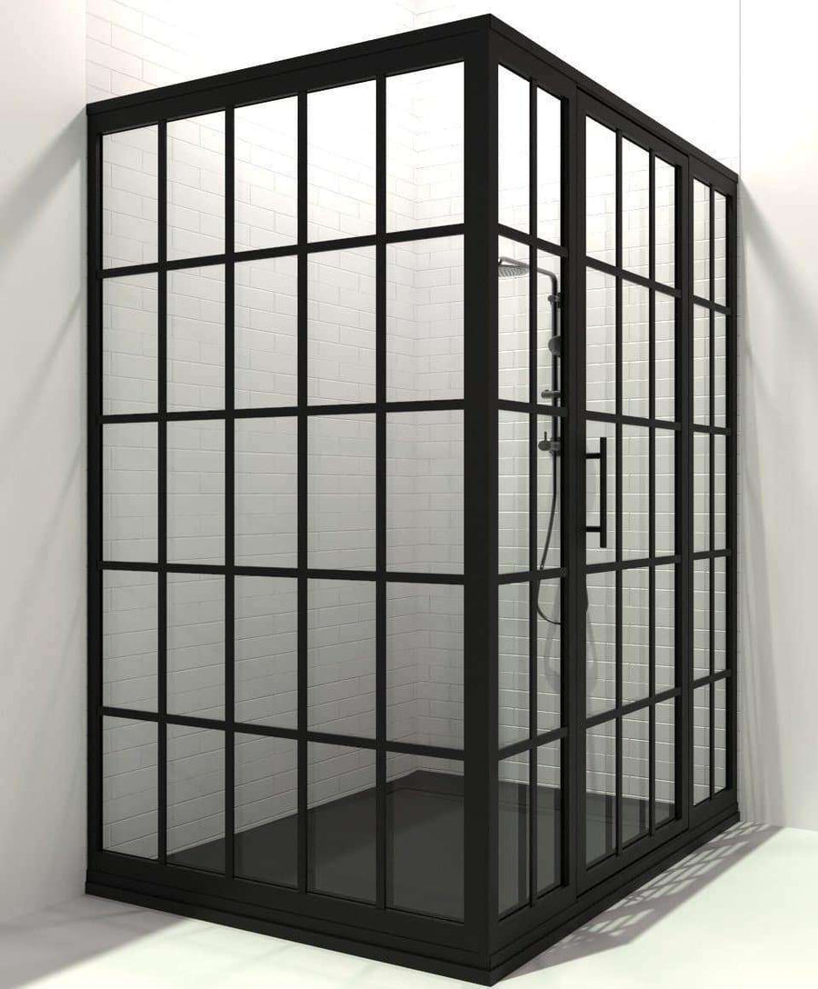 Gridscape GS1 4-Panel Corner Shower Door in Black with Clear Glass
