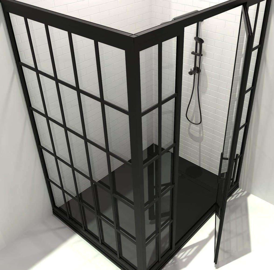 Gridscape GS1 4-Panel Corner Shower Door in Black with Clear Glass