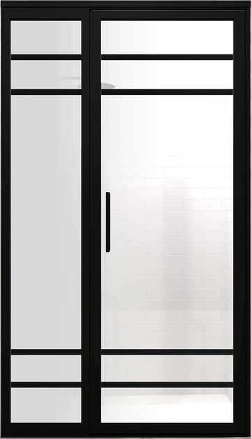 Black Frame Industrial Grid Shower Enclosures | Gridscape | GS2-4 | SatinDeco Frosted Glass | Coastal Shower Doors