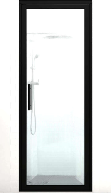 Black Frame Hinge Shower Door | Industrial Style | Gridscape GS3 | Trench Patterned Glass