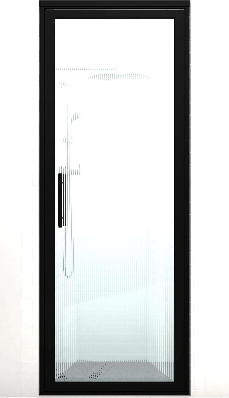 Black Frame Hinge Shower Door | Industrial Style | Gridscape GS3 | Trench Patterned Glass
