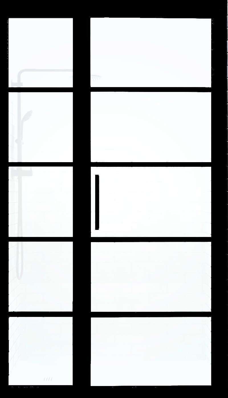 Divided Lite Shower Door with Panel Black Frame Gridscape GS2 Grid Pattern with SatinDeco Glass