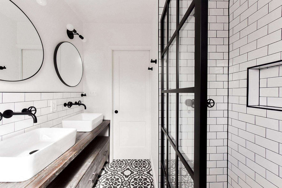 modern farmhouse style bathroom with Gridscape fixed Panel shower screen